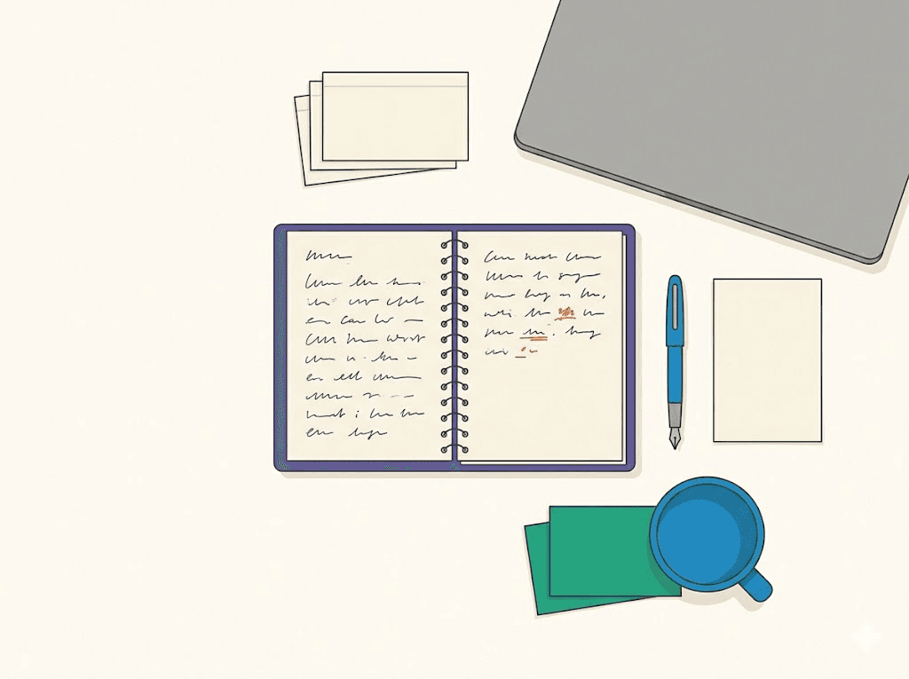 An overhead view of a tidy study desk — an open notebook with handwritten corrections, index cards, a fountain pen and a closed laptop — the method worked out by hand before any software.